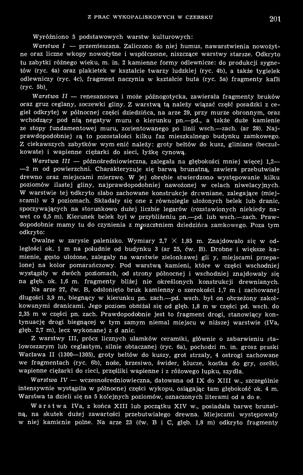 2 kamienne formy odlewnicze: do produkcji sygnetów (ryc. 4a) oraz plakietek w kształcie twarzy ludzkiej (ryc. 4b), a także tygielek odlewniczy (ryc. 4c), fragment naczynia w kształcie buta (ryc.