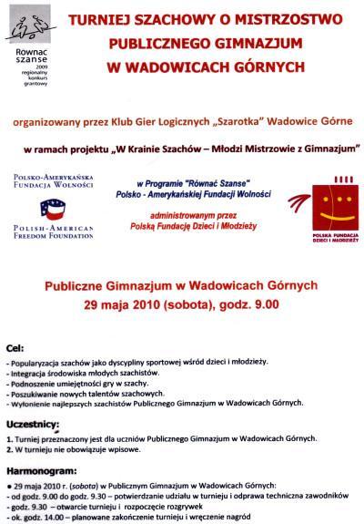 Mistrzynią Publicznego Gimnazjum w Wadowicach Górnych w szachach na rok 2010 została Izabela Naprawa.