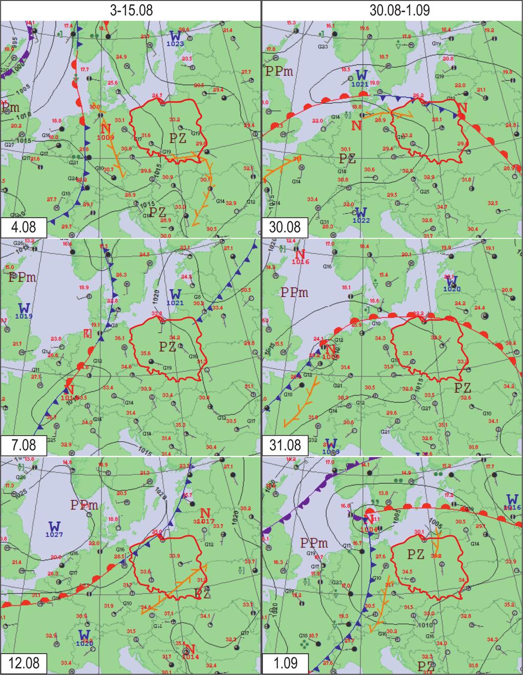 218 Agnieszka Sulikowska, Agnieszka Wypych, Izabela Woszczek Ryc. 9. Sytuacja synoptyczna w Europie Środkowej w wybranych dniach podczas dwóch okresów, w których wystąpiły fale upałów latem 2015 r.