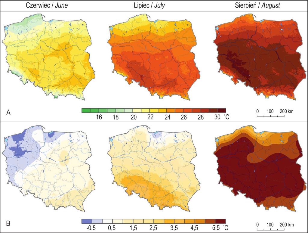 Fale upałów latem 2015 roku 209 Ryc. 1. Rozkład przestrzenny średniej TMAX w miesiącach letnich 2015 r.