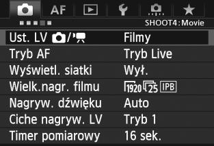 3 Ustawienia funkcji menu [z4] Menu Po wybraniu opcji [Filmy] w pozycji [z4: Ust. LV z/k] pojawią się karty [z4] [z5] dotyczące nagrywania filmów. Poniżej przedstawiono opcje menu.
