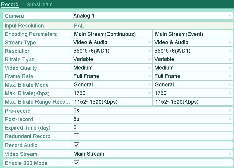 Camera / Kamera: 10/20 wybór kamery konfiguracja parametrów kamery W opcji Menu Record / Nagrywanie Parameters / Parameters ustawiamy parametry nagrywania strumienia głównego w trybie ciągłym (Main