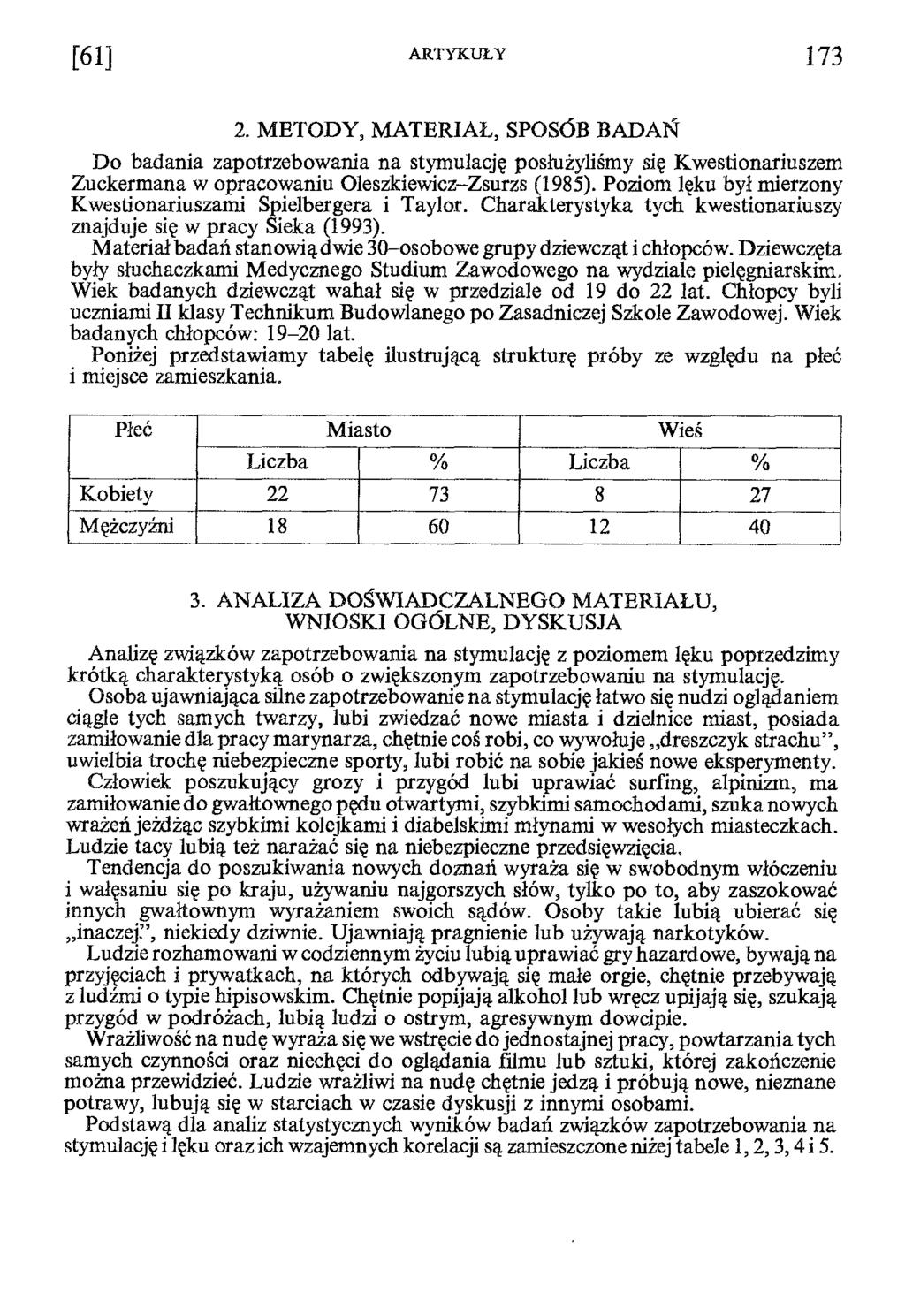 D o badania zapotrzebowania na stymulację posłużyliśmy się Kwestionariuszem Zuckermana w opracowaniu Oleszkiewicz-Zsurzs (1985). Poziom lęku był mierzony Kwestionariuszami Spielbergera i Taylor.