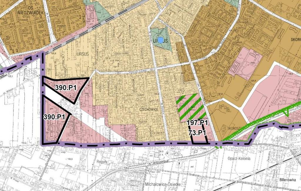 Ursus zał.. nr XI/2 Rejon Czechowice okolice ul. Regulskiej (a), ul. Piastowskiej (b), ul. gen. Sosnkowskiego/Bodycha (c) a Zmienić funkcję terenu w rejonie ul.