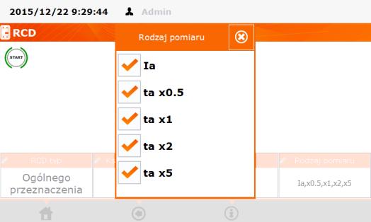 typ RCD - ogólnego stosowania lub krótkozwłoczny klikając na pole RCD typ, kształt (fazę) prądu - faza początkowa dodatnia, ujemna lub obie, klikając na pole Kształt przebiegu typ pomiaru klikając na