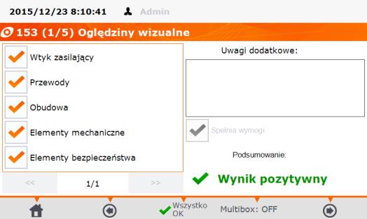 Dokonać oględzin RCD i zaznaczyć odpowiednie kratki, jeżeli oględziny wypadły pozytywnie. Można też kliknąć przycisk Wszystko OK. Wcisnąć przycisk, aby przejść do pomiaru R PE.