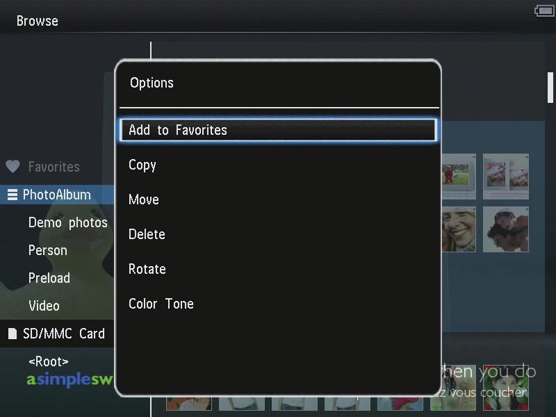 [Delete]: usuwanie plików multimedialnych z albumu [Rename]: zmiana nazwy albumu [Multiple-select]: wybór wielu zdjęć w celu zarządzania nimi Menu miniatur: [Add to Favorites]: dodawanie plików