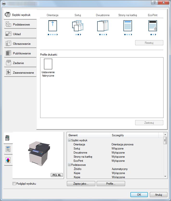 Drukowanie z komputera > Ekran właściwości sterownika drukarki Ekran właściwości sterownika drukarki Na ekranie właściwości sterownika drukarki można skonfigurować różne ustawienia dotyczące