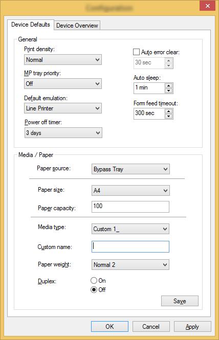 Drukowanie z komputera > Configuration Tool Ekran ustawień Configuration Tool Ustawienia domyślne urządzenia W tym oknie można skonfigurować ustawienia domyślne sterownika drukarki i funkcję