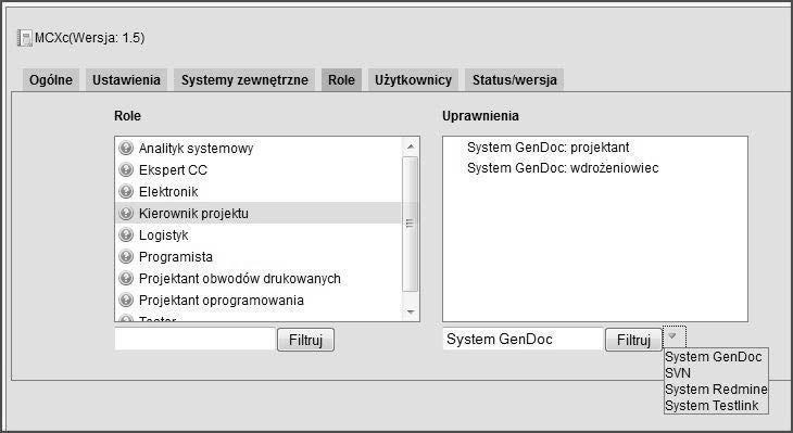 6. Budowa środowiska rozwojowego produktów informatycznych Rys. 18. Konfiguracja uprawnień do ról w systemie CCMODE Tools Uprawnienia systemu CCMODE Tools zostały pokazane w tabeli 6. Tabela 6.