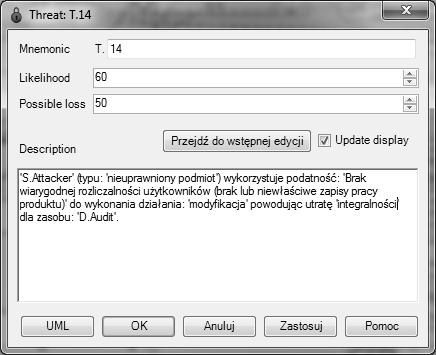 Komputerowe wspomaganie procesu rozwoju produktów informatycznych Spośród zawężonych elementów list podatności wybrano pozycję Brak wiarygodnej rozliczalności użytkowników (brak lub niewłaściwe