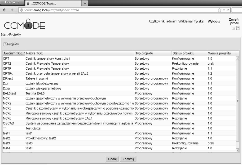 Komputerowe wspomaganie procesu rozwoju produktów informatycznych Rys. 8. Okno z listą projektów Projekt nadzorowany przez system EMT przechodzi przez wiele stanów.