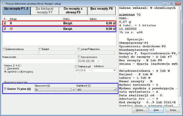 3. Jeśli na recepcie występuje uprawnienie S oraz jedno z uprawnień AZ, BW, IB, IN, IW, PO, ZK należy w oknie 'Pozycja dokumentu sprzedaży Nowy: Recepty i usługi' zaznaczyć pole Senior 75 plus (X),