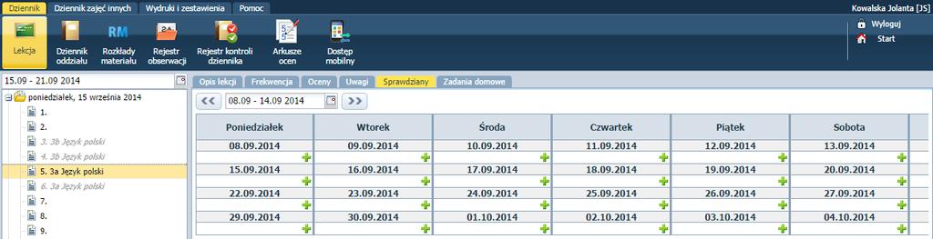 W widoku Dziennik lekcji, pokazywane są wszystkie uwagi uczniów domyślnie dla każdego miesiąca.