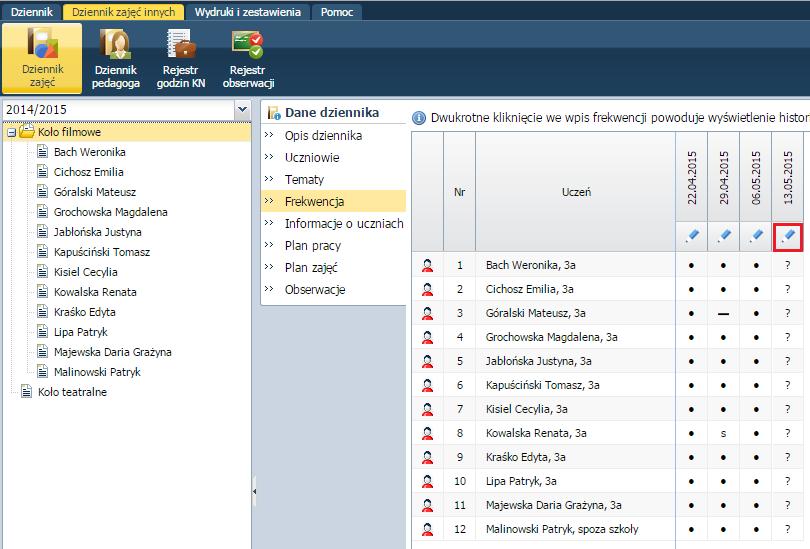 Prowadzenie dziennika zajęć innych 45 Ćwiczenie 2. Odnotowywanie frekwencji 1. Przejdź na zakładkę Frekwencja i kliknij ikonę przy wybranej dacie. 2. Odnotuj frekwencję uczniów i kliknij przycisk Zapisz.