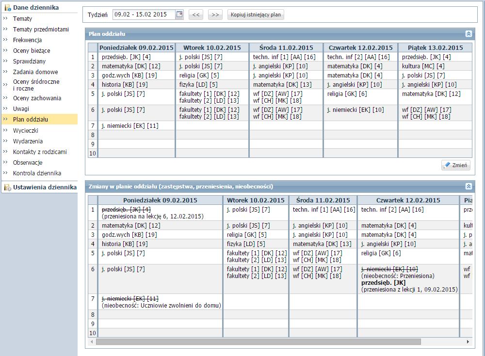 lekcji swojego oddziału oraz samodzielnie wprowadzić plan