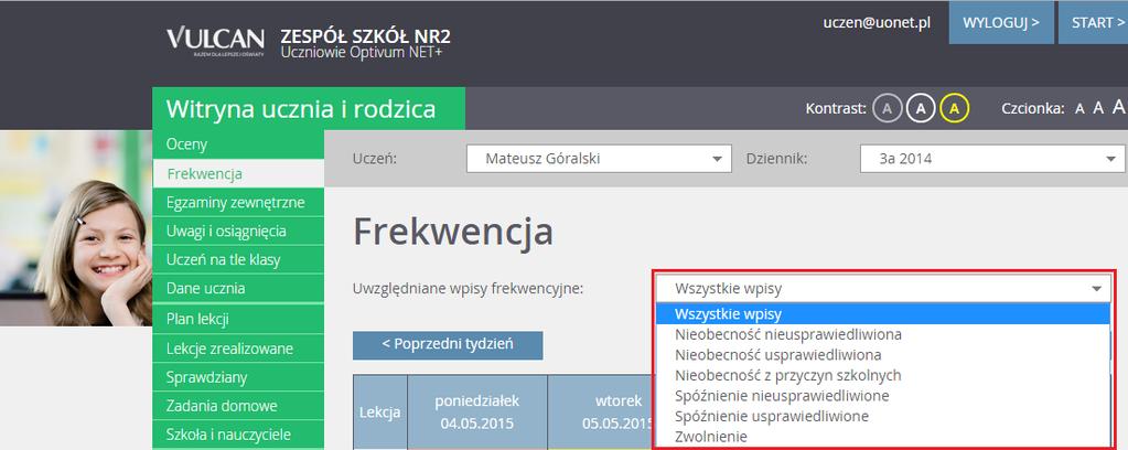 Za pomocą przycisków Poprzedni tydzień i Następny tydzień wybierz tydzień, dla którego