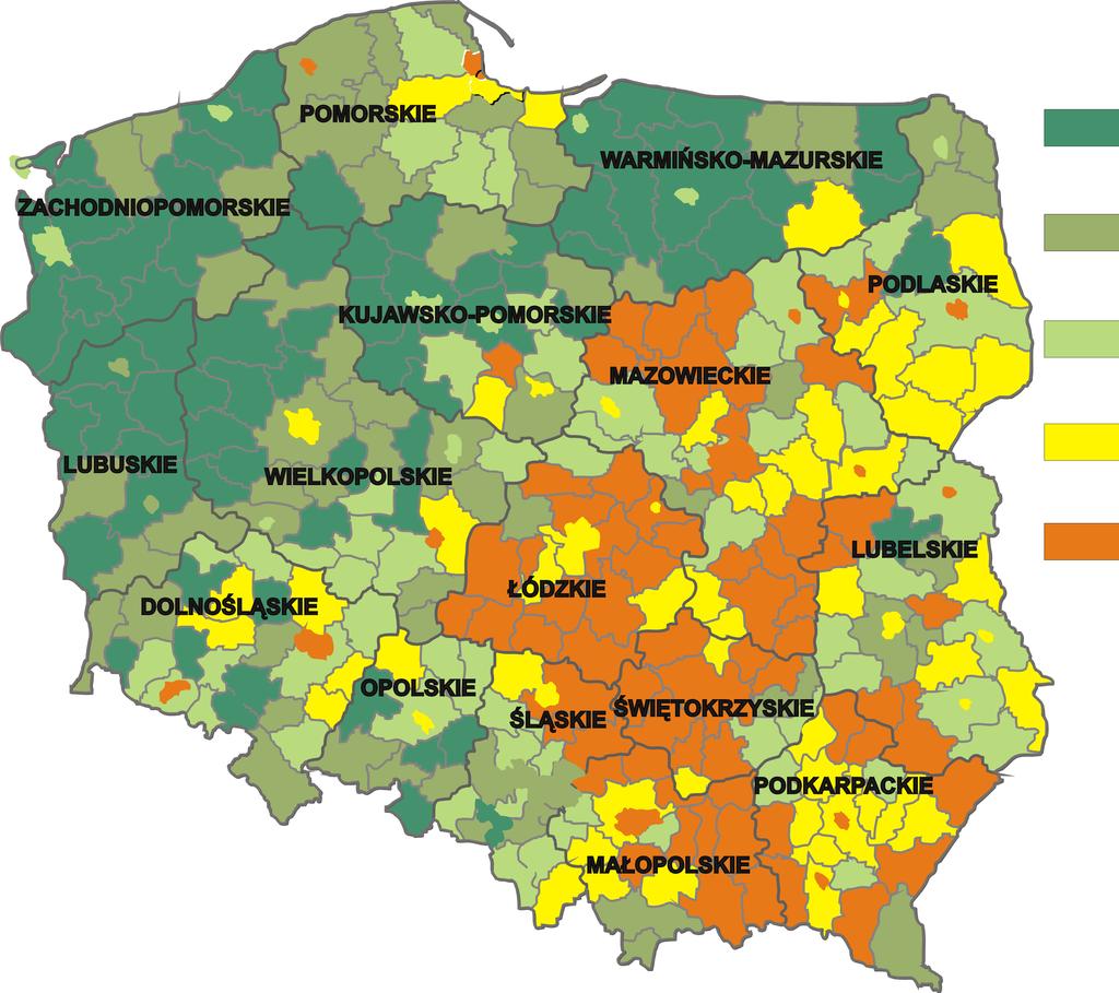 Poniższa mapa przedstawia średnie wyniki uzyskane w poszczególnych powiatach z części matematyczno-przyrodniczej egzaminu gimnazjalnego. Mapa 2.