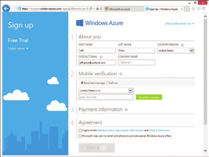 Rejestrowanie się dla SQL Database 9 Rysunek 1-2 Rejestrowanie nowej bezpłatnej wersji próbnej subskrypcji Microsoft Azure 6.