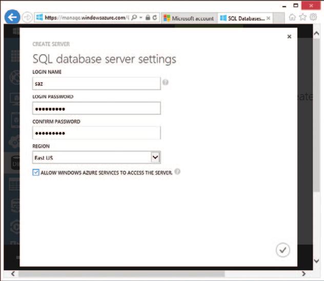 12 Rozdział 1: Poznajemy Microsoft Azure SQL Database Rysunek 1-5 Okno dialogowe CREATE SERVER 7.