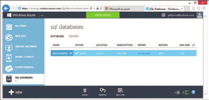 16 Rozdział 1: Poznajemy Microsoft Azure SQL Database Po kilku chwilach nowa baza danych WineCloudDb zostanie utworzona i udostępniona do użycia, co prezentuje rysunek 1-10.
