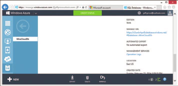 Tworzenie instancji SQL Database 17 Rysunek 1-11 Wyszukiwanie łącza do portalu zarządzania SQL Database dla bazy danych WineCloudDb Uwaga Portal SQL Database wykorzystuje technologię Silverlight.