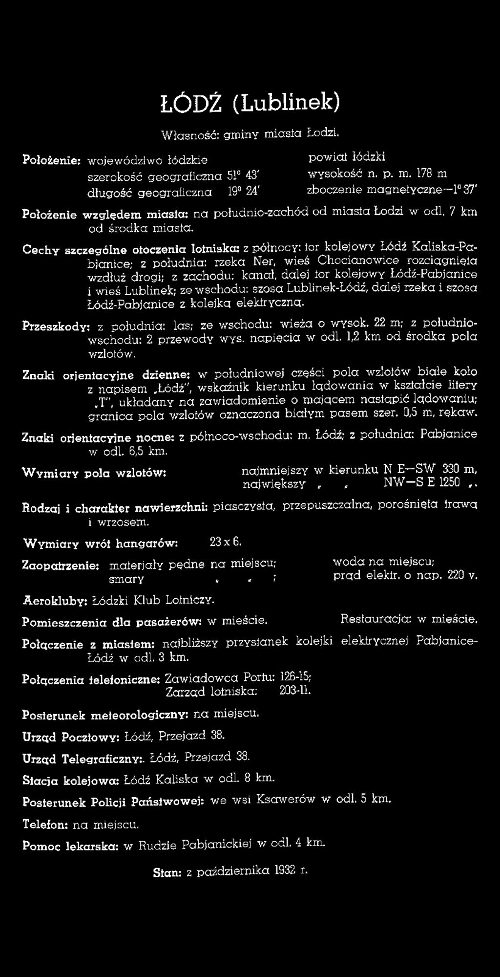 Cechy szczególne otoczenia lotniska: z północy: tor kolejowy Łódź Kaliska-Pabjanice; z południa: rzeka Ner, wieś Chocianowice rozciągnięta wzdłuż drogi; z zachodu: kanał, dalej tor kolejowy