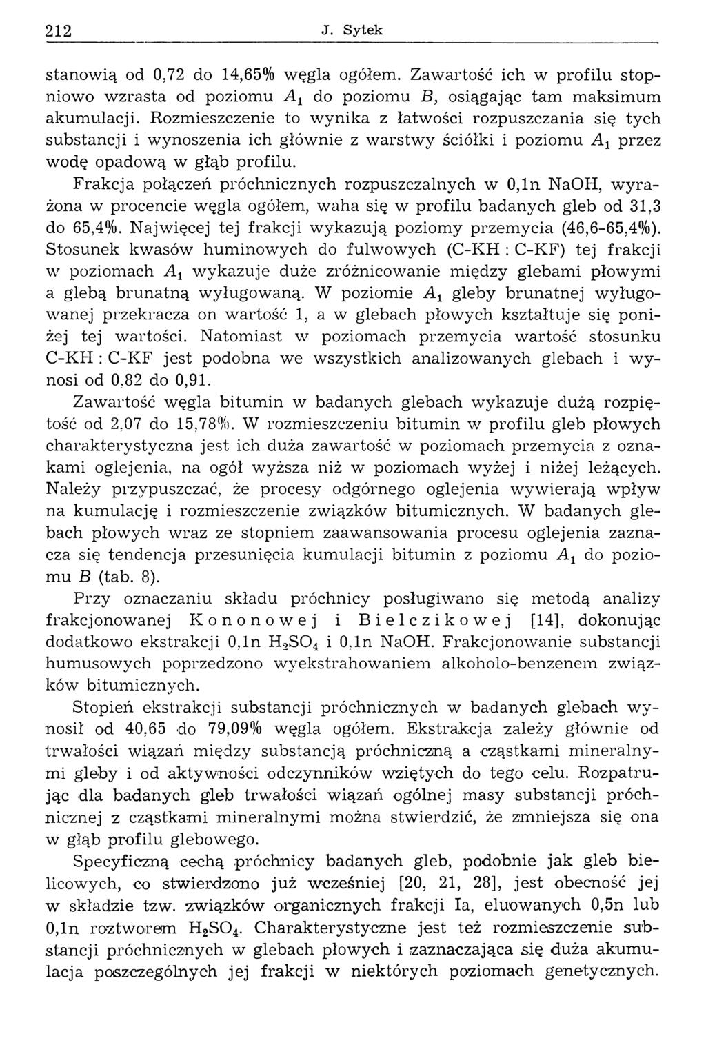 212 J. Sytek stanow ią od 0,72 do 14,65% w ęgla ogółem. Zaw artość ich w profilu stopniowo w zrasta od poziomu A x do poziomu B, osiągając tam maksimum akumulacji.