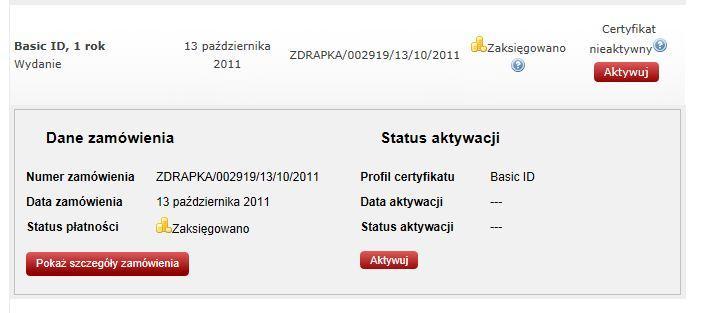 1. Aktywacja certyfikatu Po zaksięgowaniu wpłaty przez firmę Unizeto Technologies SA otrzymasz e-mail z powiadomieniem o zaksięgowaniu płatności i dostępnym kodzie aktywacyjnym, który umożliwia