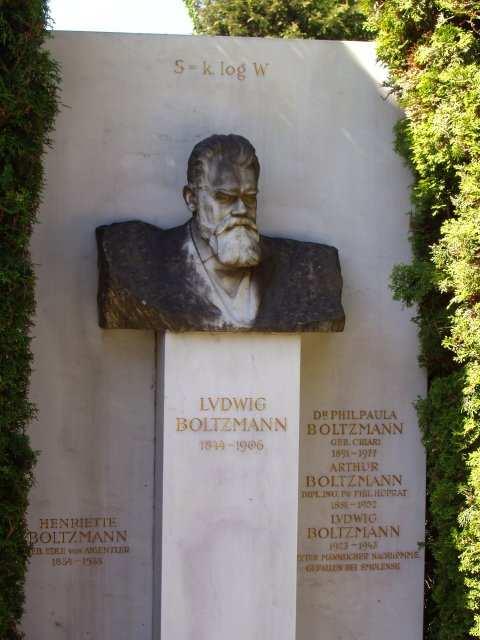 Grób rodziny Boltzmannów na cmentarzu w Wiedniu. Wzór Boltzmanna znajduje się na samej górze pomnika. Ludwig Boltzmann popełnił samobójstwo w wieku 62 lat.