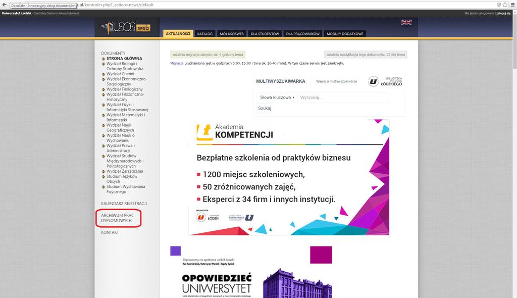 Jeżeli Opiekun pracy jest zalogowany w USOSweb to po kliknięciu na Archiwum Prac Dyplomowych automatycznie zostanie