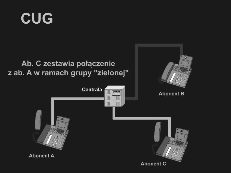 Zamknięta Grupa Użytkowników (CUG) Zamknięta Grupa Użytkowników (CUG) Closed User Group Umożliwia tworzenie grup zamkniętych, do których dostęp jest ograniczony; Każdy z użytkowników może być