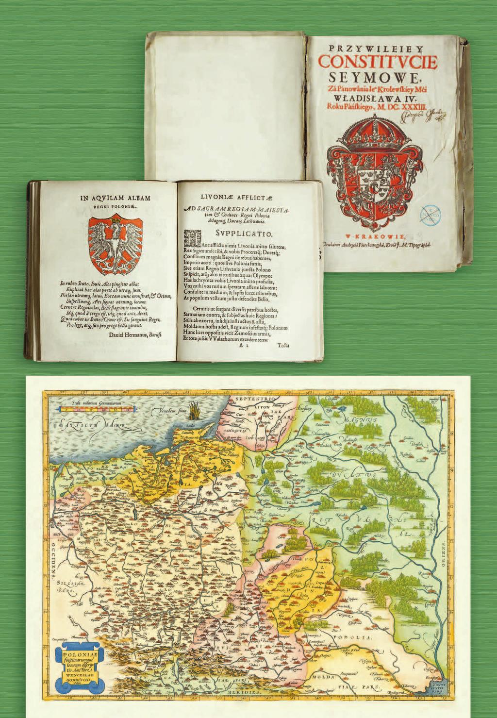 Titullapa ar Polijas karaļa Sigismunda III Vāzas (1566 1632) ģerboni. Kolorēts kokgriezums Strona tytułowa z herbem króla Polski Zygmunta III Wazy (1566 1632).