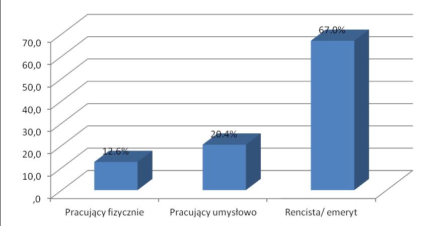 Wśród badanych 12,6% osób pracowało fizycznie, 20,4% osób pracowało umysłowo, a 67% stanowili renciści/emeryci. Dane w tym zakresie zobrazowano na rycinie nr 4. Rycina 4.
