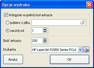 Kody mogą być drukowane kolejno, z początkowym numerem określonym w polu zacznij od. Jeżeli kody są określone z góry (np.