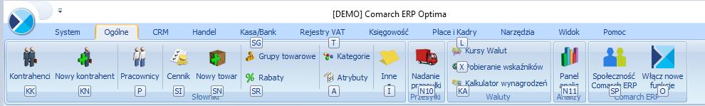 Rys 3. Skróty klawiaturowe dla wstążki menu Wciskając przykładowo z klawiatury klawisz <O> otworzone zostanie menu Ogólne: Rys 4. Skróty klawiaturowe dla wstążki menu c.d. Kolejno wybierając z klawiatury dwukrotnie klawisz <K> zostanie otworzona: Lista kontrahentów lub wybierając klawisz <P>: Lista pracowników itd.