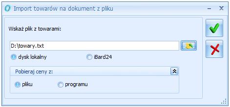 Na formularzu dokumentu, na zakładce [Ogólne] znajduje się przycisk którego należy wskazać plik (z dysku lub z ibard24). Importuj towary, za pomocą, Rys 64.