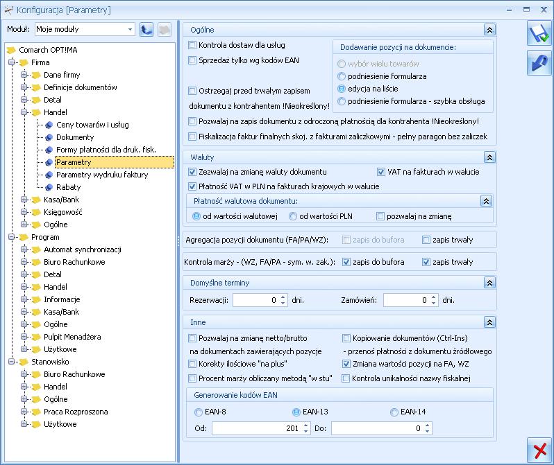 Rys 31. Konfiguracja firmy/ Handel/ Parametry Pozostałe parametry są opisane w dalszej części podręcznika. 3.1.2 Co zrobić, aby na fakturze pojawiły się dane bankowe 1.