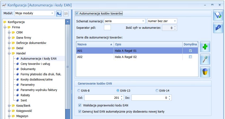 Rys 40. Konfiguracja autonumeracji kart towarów Schemat numeracji w tym polu należy wybrać schemat autonumeracji kodu towaru.