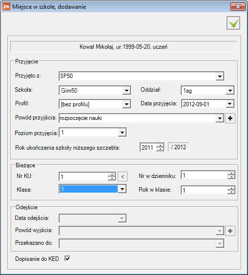 W polu Przyjęto z można ustawić szkołę, jeśli została ona wcześniej dopisana do słownika szkół innych (Ewidencje/ Inne szkoły).