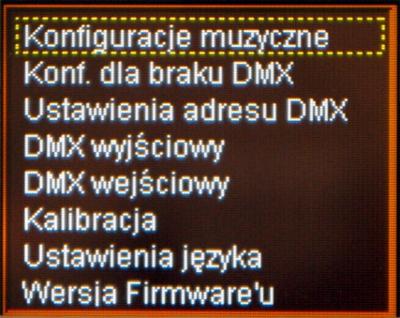 PROGRAMOWANIE FUNKCJI URZĄDZENIA 7.1. Konfiguracja muzyczna Po wybraniu pierwszej opcji dostępnej w menu głównym na ekranie urządzenia pojawiają się widoczny poniżej obraz.