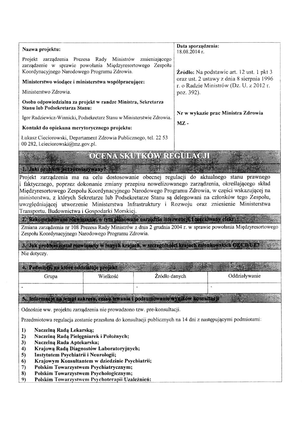 Nazwa projektu: Frojekt zarz^dzenia Prezesa Rady Ministrow zmieniaj^cego zarz^dzenie w sprawie powolania Mi^dzjTesortowego Zespohi Koordynacyjnego Narodowego Programu Zdrowia.
