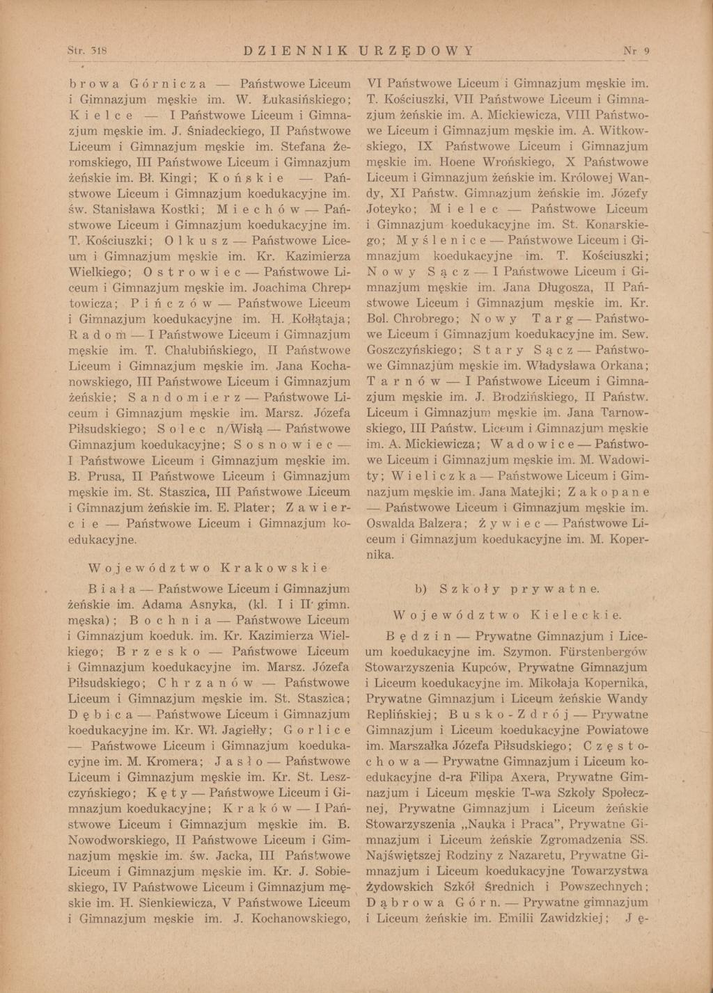 Str. 318 DZIENNIK URZĘDOWY brow a Górnicza Państwowe Liceum i Gimnazjum męskie im. W. Łukasińskiego; Kielce I Państwowe Liceum i Gimnazjum męskie im. J.