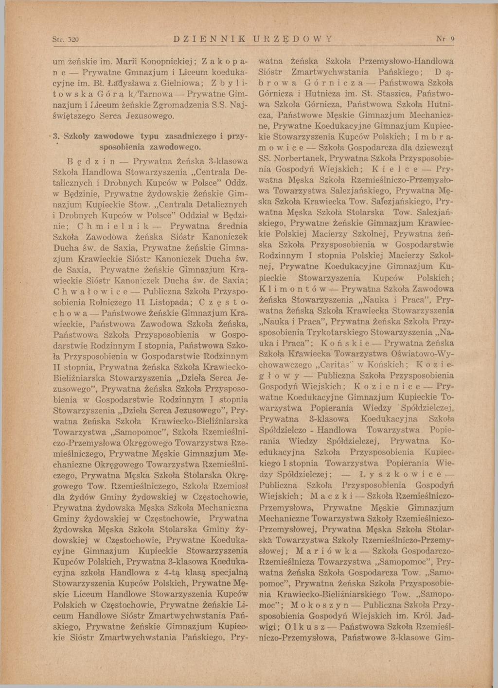 Str. 320 DZIENNIK URZĘDOWY Nr 9 um żeńskie im. Marii Konopnickiej; Z a k o p a ne Prywatne Gmnazjum i Liceum koedukacyjne im. Bł.