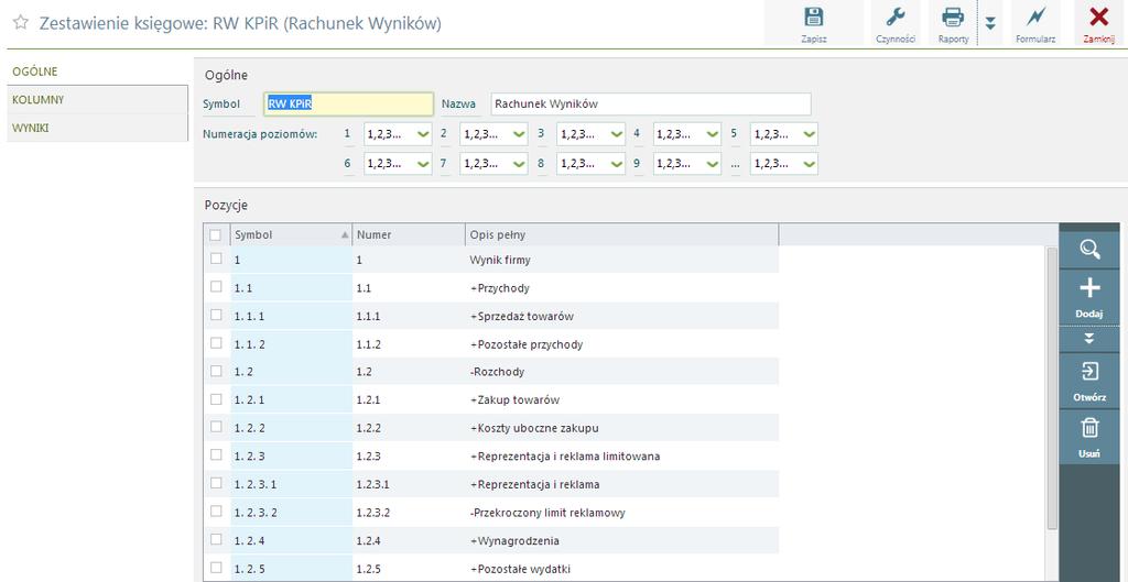 Program ma ustawienie standardowe opierając się na kolumnach występujących w KPIR z małymi rozszerzeniami.