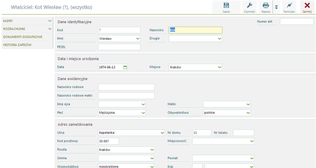 Zakładka Ogólne Właściciele Ogólne wprowadzenie danych właściciela. Dane identyfikacyjne, Data i miejsce urodzenia Dane ewidencyjne, Adres zameldowania Adres do korespondencji.