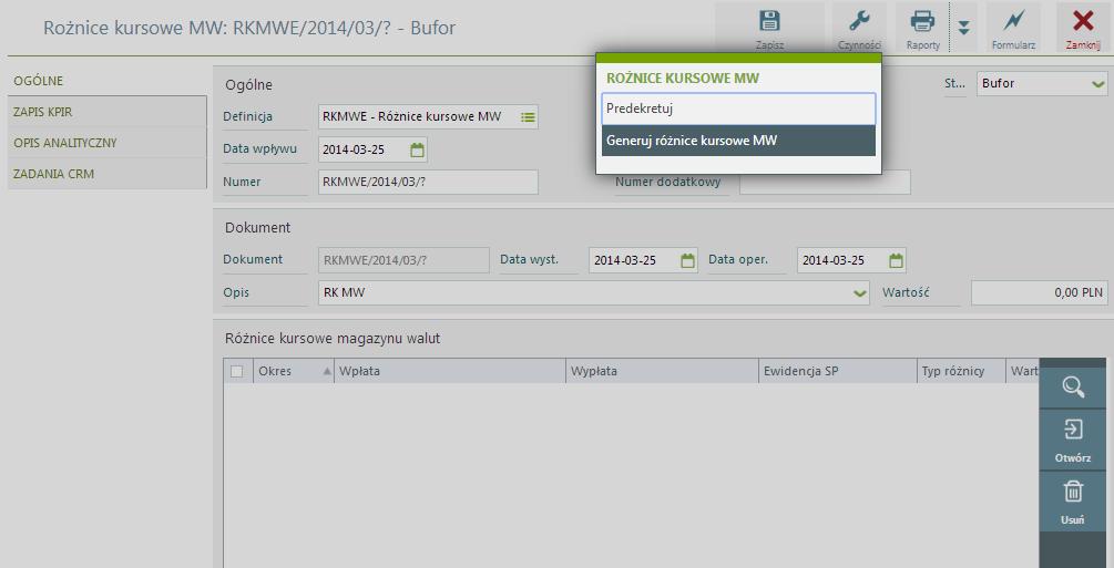 odwrotnej sytuacji). Do dokumentu można zrealizować wydruk Różnice kursowe KPIR ikona drukarki.