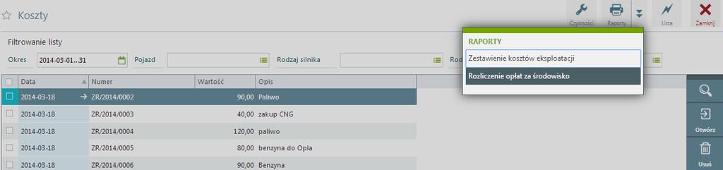 Wydruk dostępny jest na liście Ewidencja pojazdów / Koszty > Rozliczenie opłat za środowisko.