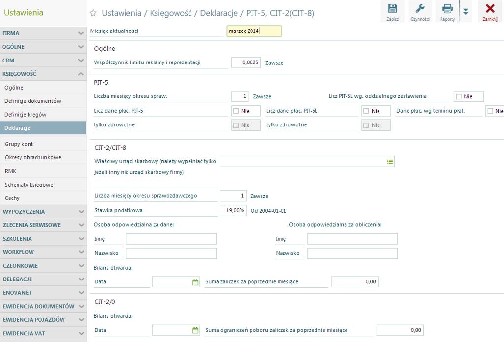 Parametry: Deklaracje Współczynnik limitu reklamy i reprezentacji współczynnik. Liczba miesięcy okresu sprawozdawczego pozycja ta daje możliwość obliczenia podatku dla okresów np. kwartalnych.