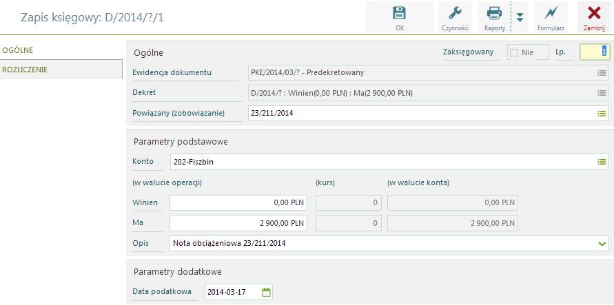 płatności. Polecenie księgowania Zobowiązanie Zatwierdzenie płatności OK. Przejście na drugą zakładkę opis analityczny i dekrety.